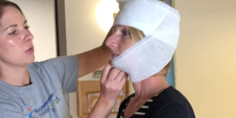 How to apply wet wrap bandaging to the head and face area.
