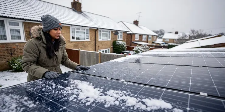 How do solar panel maintenance requirements address snow and ice?