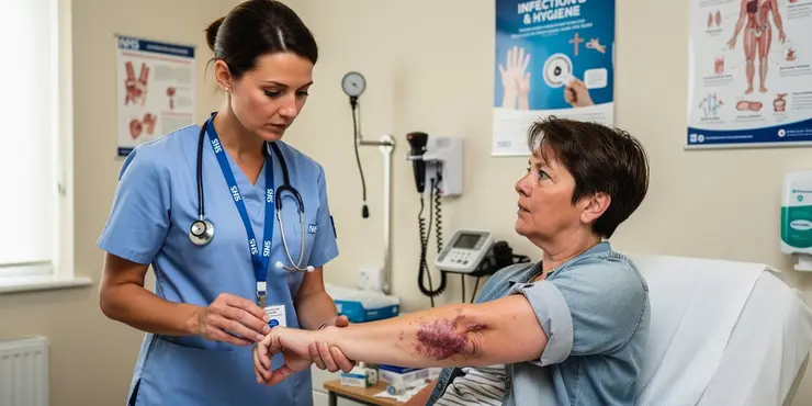 What are the symptoms of flesh-eating disease?