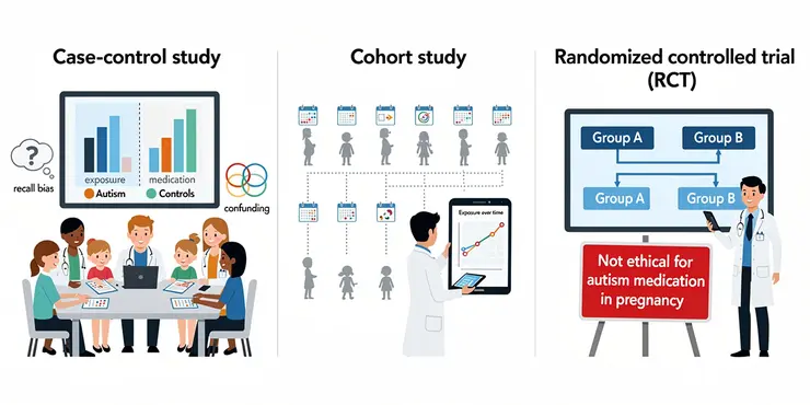 What kind of studies are conducted to investigate links between medications and autism?