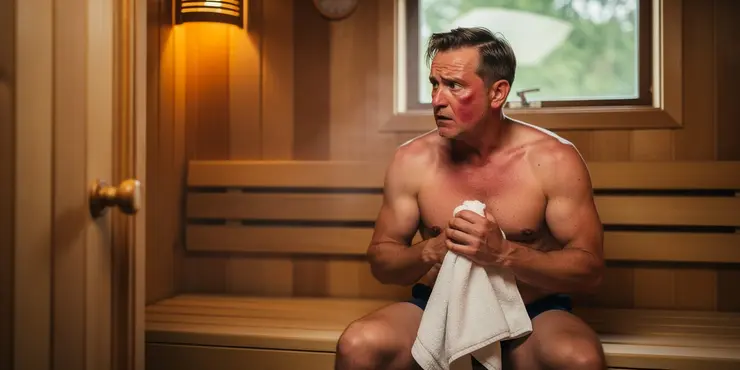 What symptoms mean sauna safety health condition requires leaving the sauna immediately?